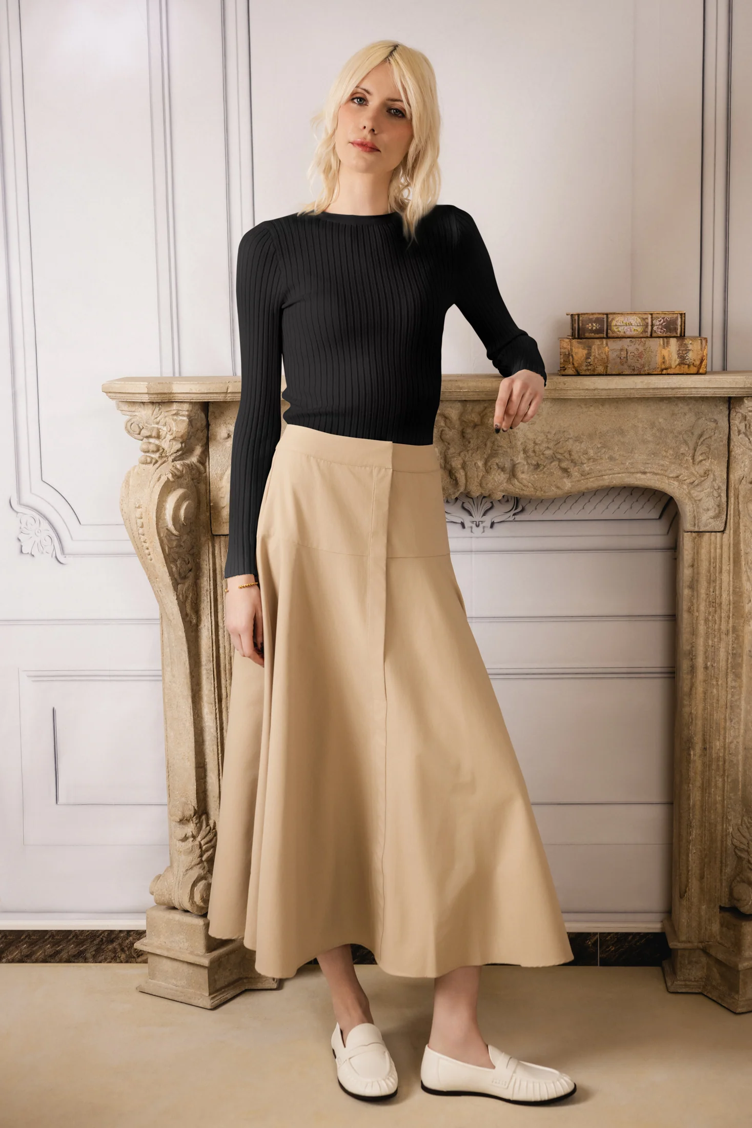 Tailored Yolk Skirt | Beige - Image 5